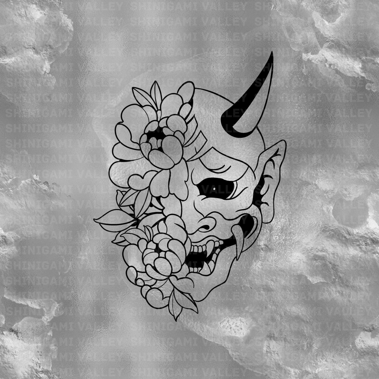 Oni Hanya Japanese Mask Transfer Vinyl Decal - Flowers on Left