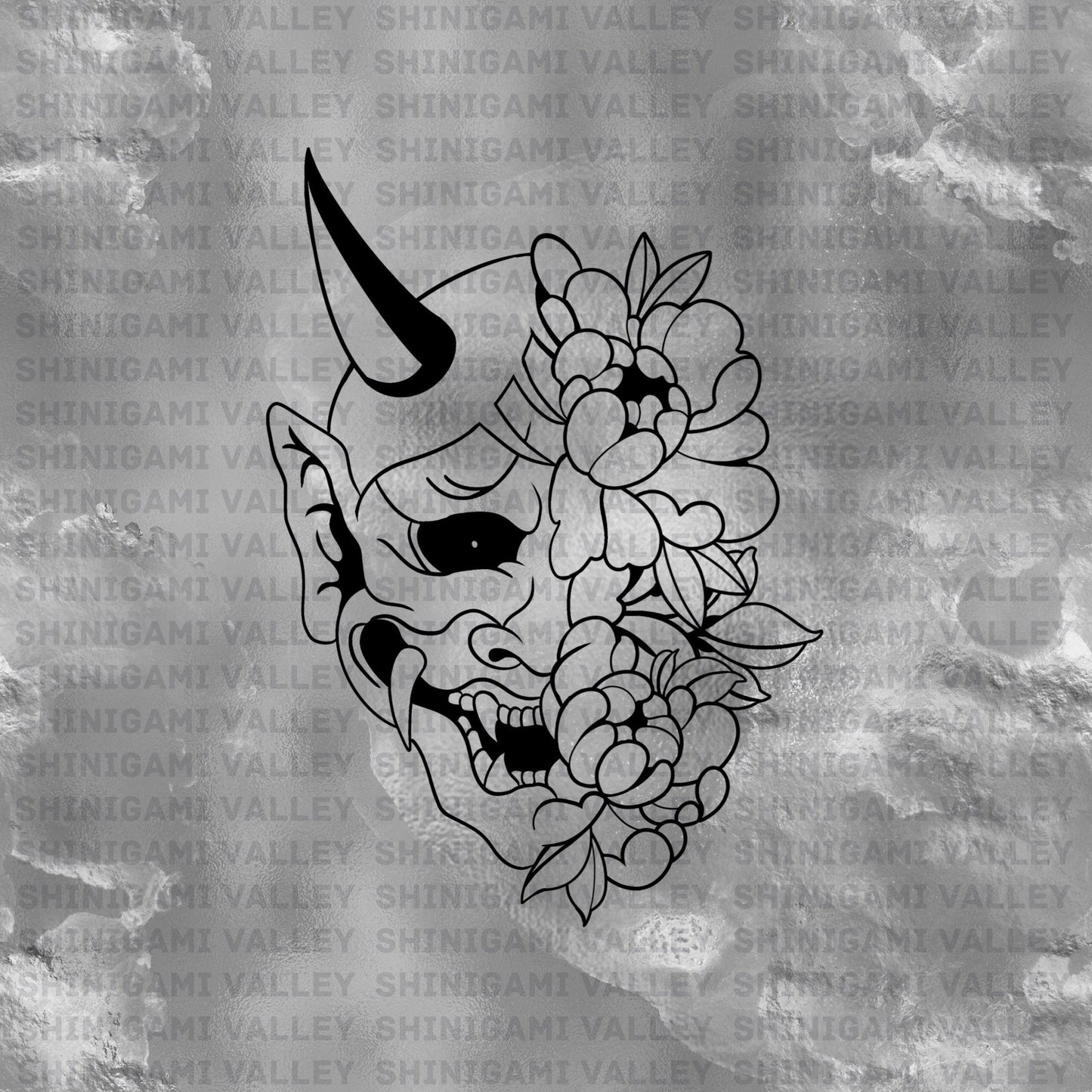 Oni Hanya Japanese Mask Transfer Vinyl Decal - Flowers on Right (mirrored version)