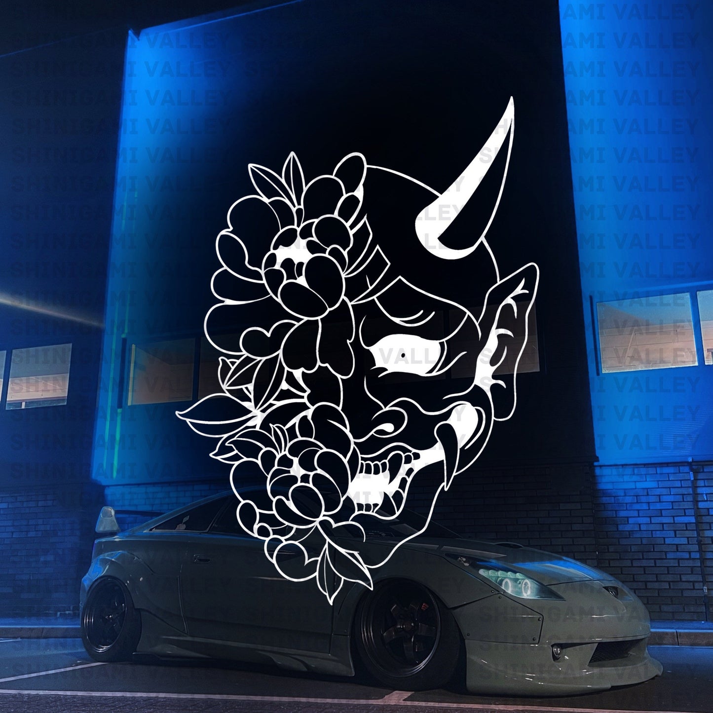 Oni Hanya Japanese Mask Transfer Vinyl Decal - Flowers on Left
